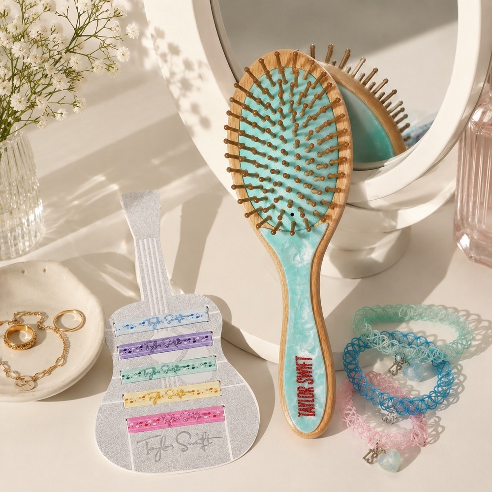 Taylor Swift Showgirl Hair Brush Guitar Hair Ties & Opalite Heart Choker Bundle